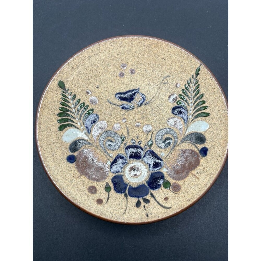 Tonala Plate Trinket Dish Floral Folk Art Signed Netz Mex from Mexico 5-1/4" Dia